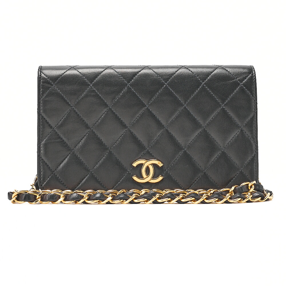 CHANEL ラムスキン マトラッセ フルフラップ 19cm プッシュロック チェーンショルダー 黒 ゴールド金具 フルフラップ ターンロック ブランド【中古】【送料無料】｜Vintage La Charme