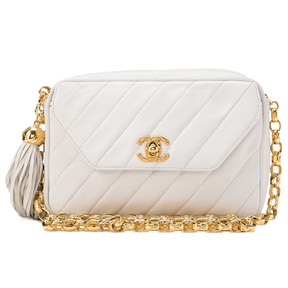 CHANEL シャネル 子ヒツジ人はだ 曲がった編み目 フリンジ ビジューチェーンショルダー 白（ゴールド金具）レディース【中古】【貨物輸送無料】【SS】