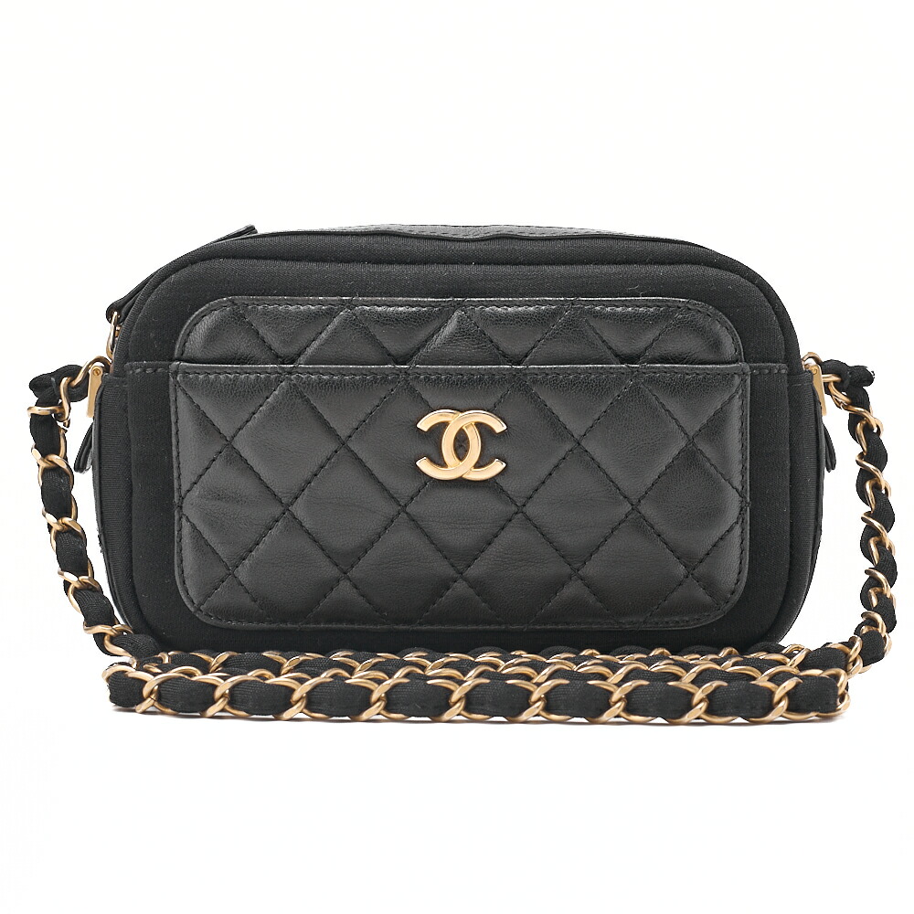 CHANEL シャネル  子ヒツジひと肌×綿織物 マトラッセ ココマーク ダブルチェーンショルダー 黒（ゴールド金具）【中古】【貨物輸送無料】