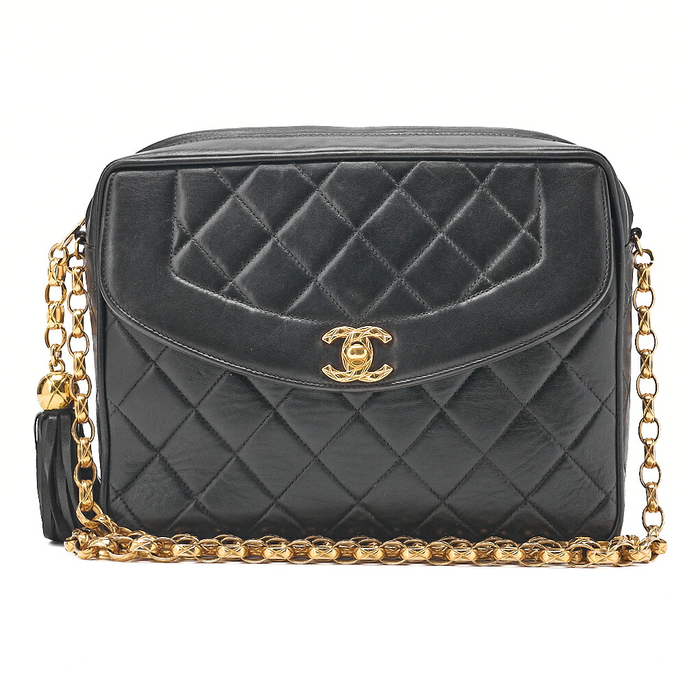 CHANEL シャネル 子ヒツジひと肌 マトラッセ ダイアナ下げ翼 ビジュチェーンショルダー 黒（ゴールド金具）レディース【中古】【貨物輸送無料】
