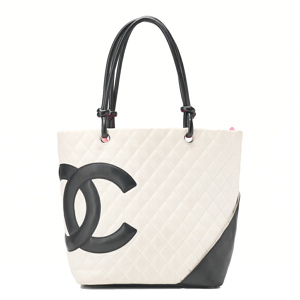 CHANEL シャネル  カーフレザー カンボンライン 原油生産御徒面子 白×黒（しろがね色金具）レディース【中古】【貨物輸送無料】