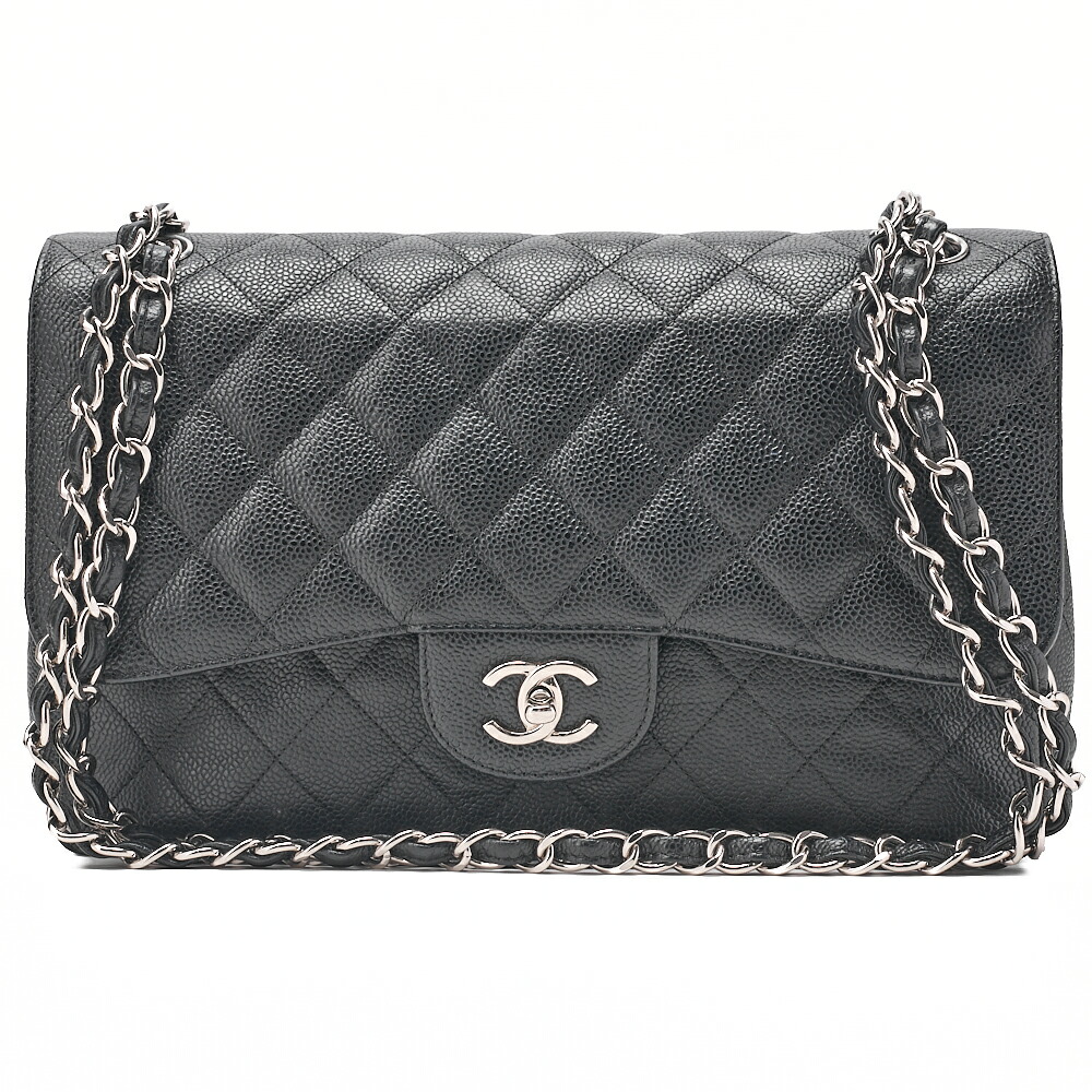 CHANEL シャネル キャビア素はだ デカマトラッセ 30糎 ダブル下げ翼   チェーン店ショルダーバッグ   黒 （しろがね色金具） レディース 御徒面子 レディース【中古】【貨物輸送無料】