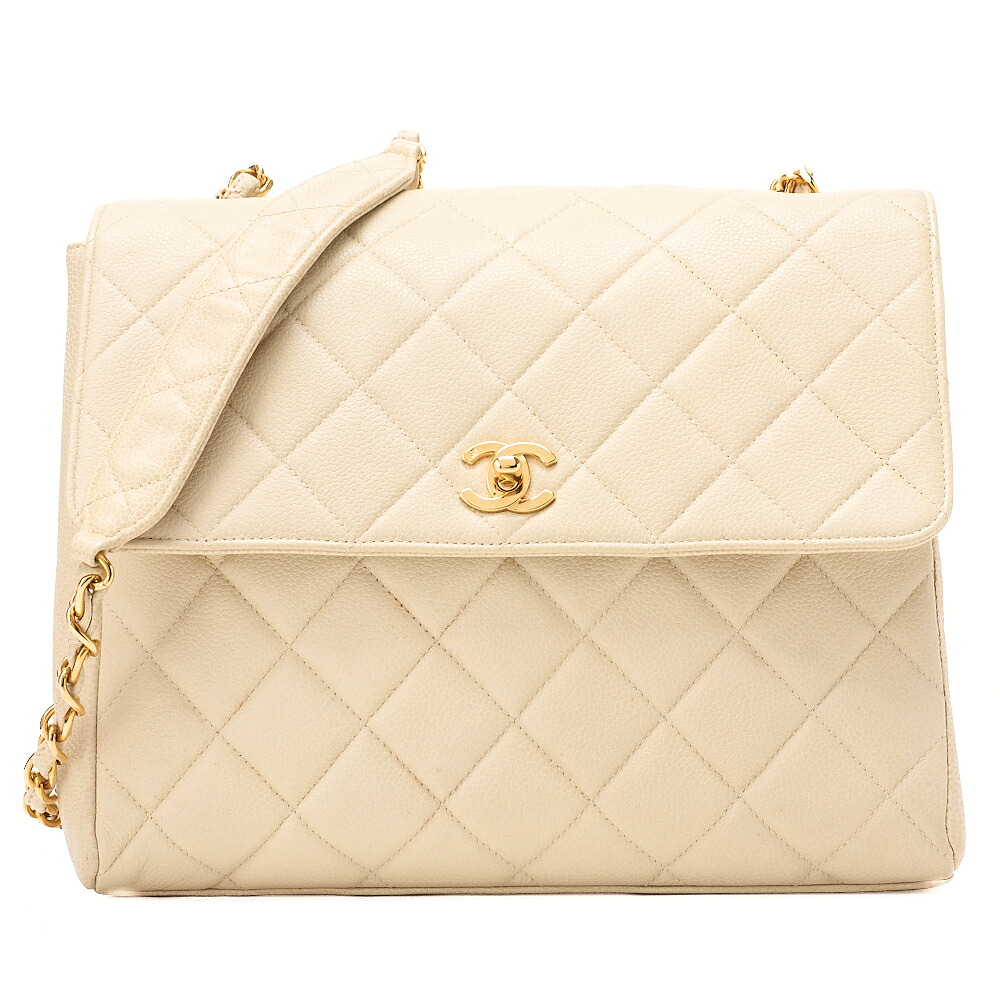 CHANEL シャネル キャビアひと肌 マトラッセ シングル 真四角型 チェーンショルダ ベージュ ゴールド金具【中古】【貨物輸送無料】