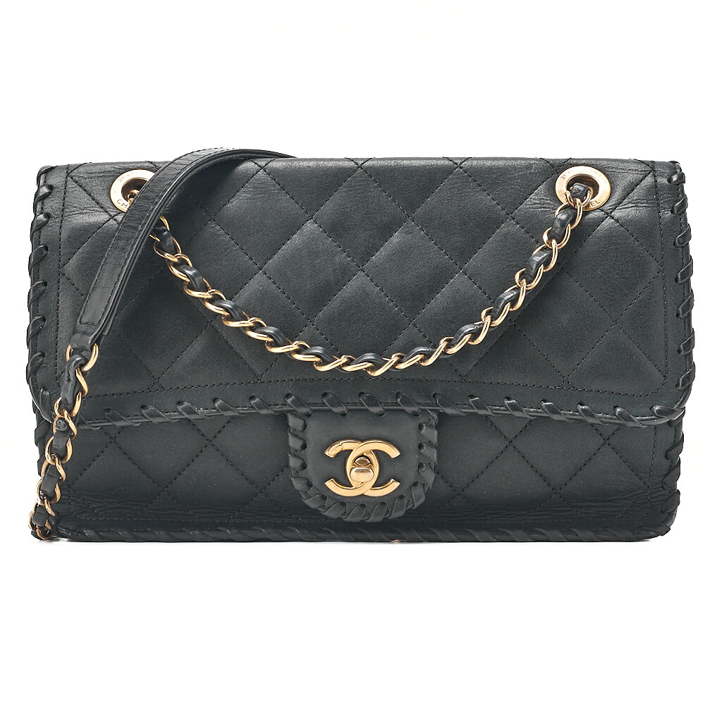 CHANEL シャネル  スパークルレザー マトラッセ 編み込み チェーン店肩部 黒（ゴールド金具）レディース 御徒面子 レディース【中古】【貨物輸送無料】