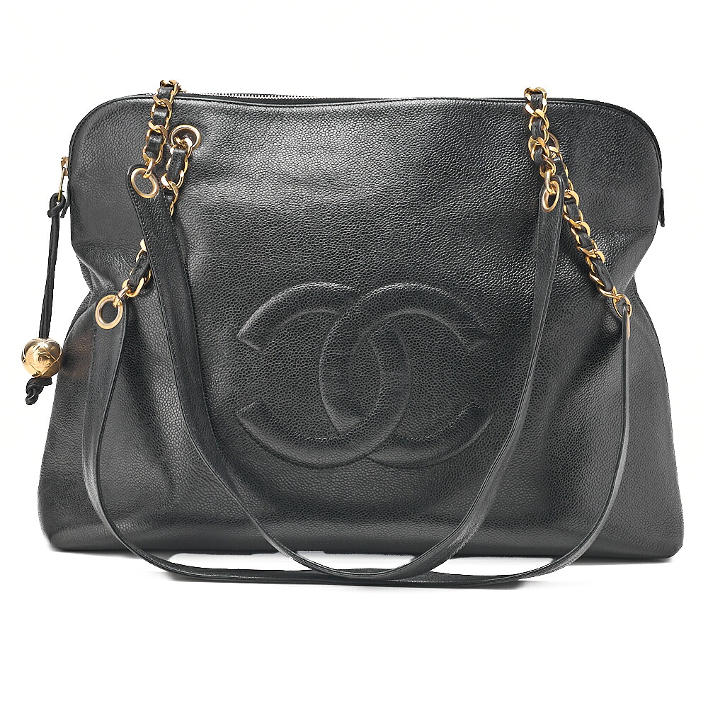 CHANEL シャネル  デカココマーク  ダブルチェーンショルダ  どんぶり鉢惹きつける付き添い人 ラージサイズ キャビア素はだ  黒（ゴールド金具） レディース御徒面子 トートバッグ 御機嫌ブランド名 【中古】【貨物輸送無料】