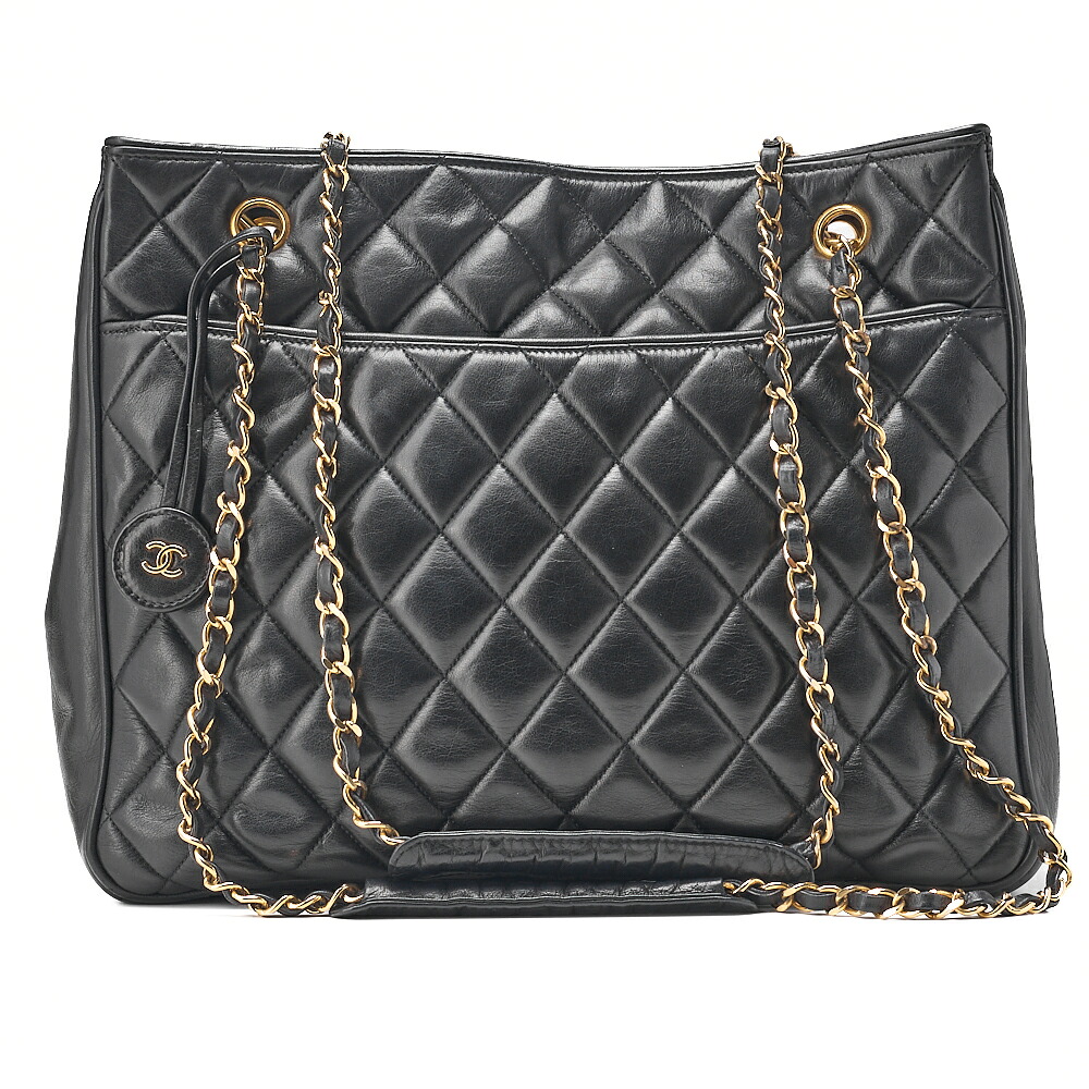 CHANEL シャネル マトラッセ プルチャーム付き添い人 ダブルチェーンショルダー 子ヒツジ人はだ 黒 ゴールド金具 レディース御徒面子 ブランド名【中古】【貨物輸送無料】