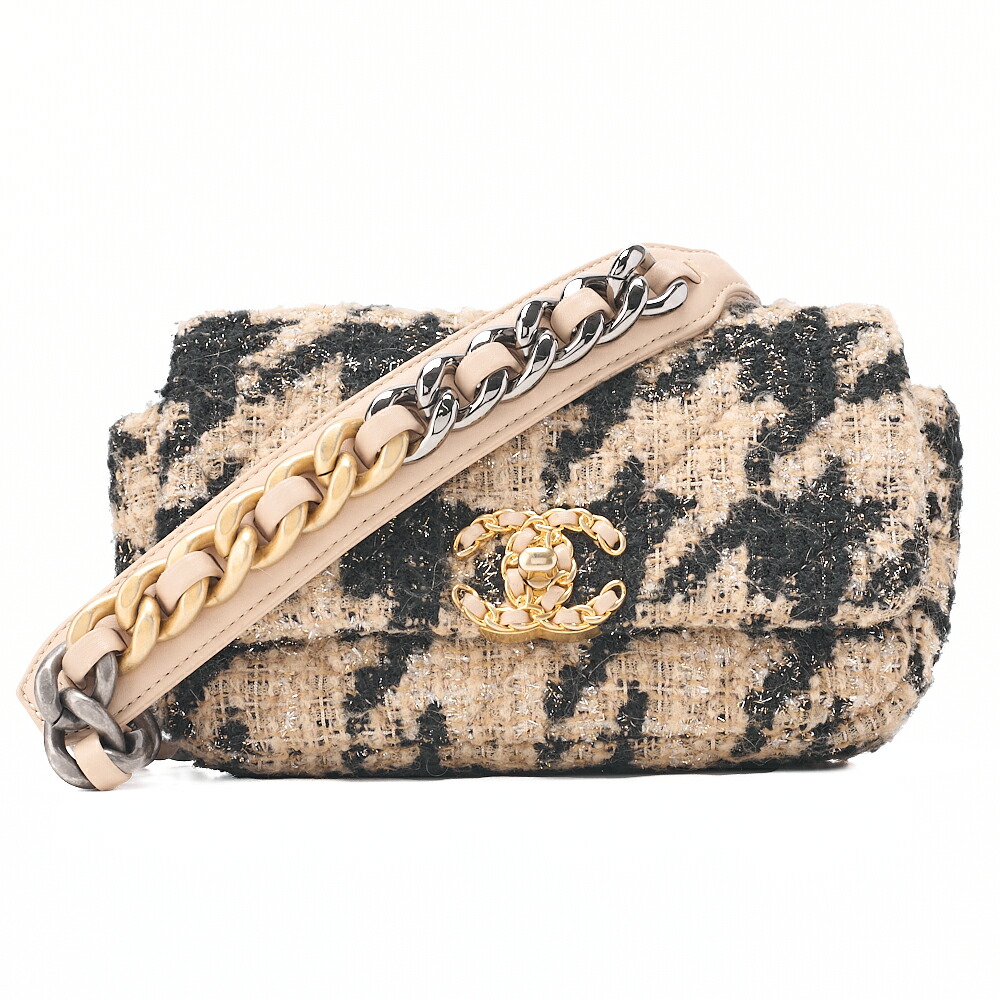 CHANEL シャネル ショルダーバッグ 酉の方角御徒面子 シャネル19 マトラッセ ツィード  ベージュ×黒（しろがね色×ゴールド金具） 御機嫌ブランド名【中古】【貨物輸送無料】