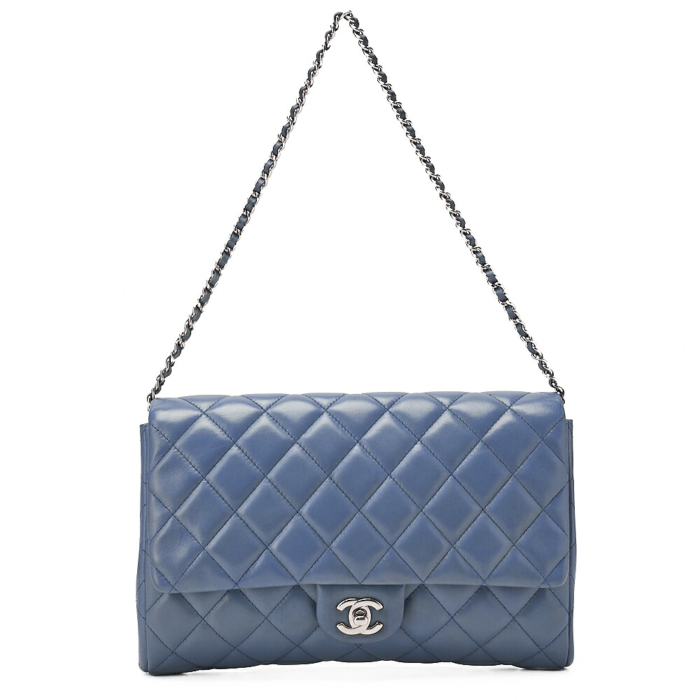 CHANEL シャネル　 ラムスキン　 マトラッセ　 27cm シングルフラップ 　チェーンショルダーバッグ　ディープブルー（シルバー金具） レディース【中古】【送料無料】｜Vintage La Charme