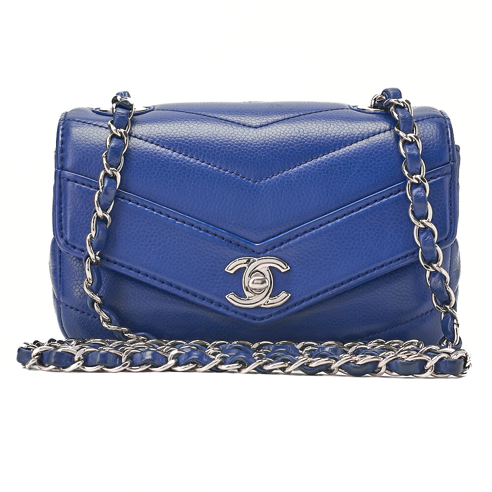 CHANEL シャネル　キャビアスキン　シェブロン　Vフラップ　チェーンショルダー　ブルー（シルバー金具） レディース バッグ　ショルダーバッグ　レディース 【中古】【送料無料】｜Vintage La Charme