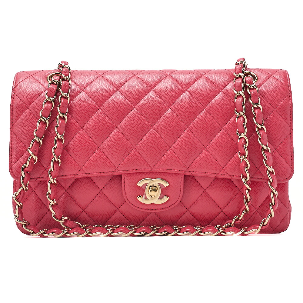 CHANEL キャビアスキン マトラッセ Wフラップ 25cm チェーンショルダー ピンク（ゴールド金具）レディースバッグ　ブランド【中古】【送料無料】｜Vintage La Charme