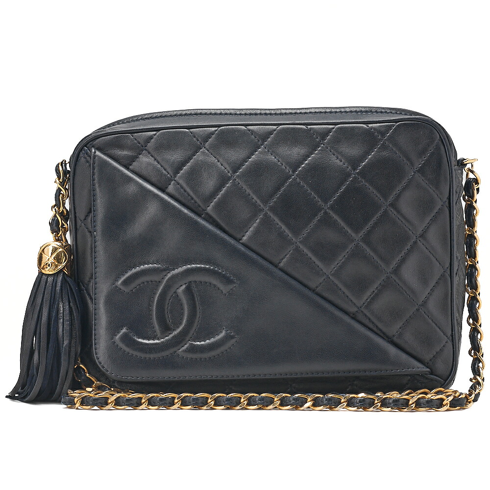 CHANEL シャネル　ラムスキン　マトラッセ　ココマーク　アウトサイドフラップ 　フリンジ付き 　チェーンショルダー　ネイビー（ゴールド金具）レディースバッグ ハイブランド【中古】【送料無料】｜Vintage La Charme