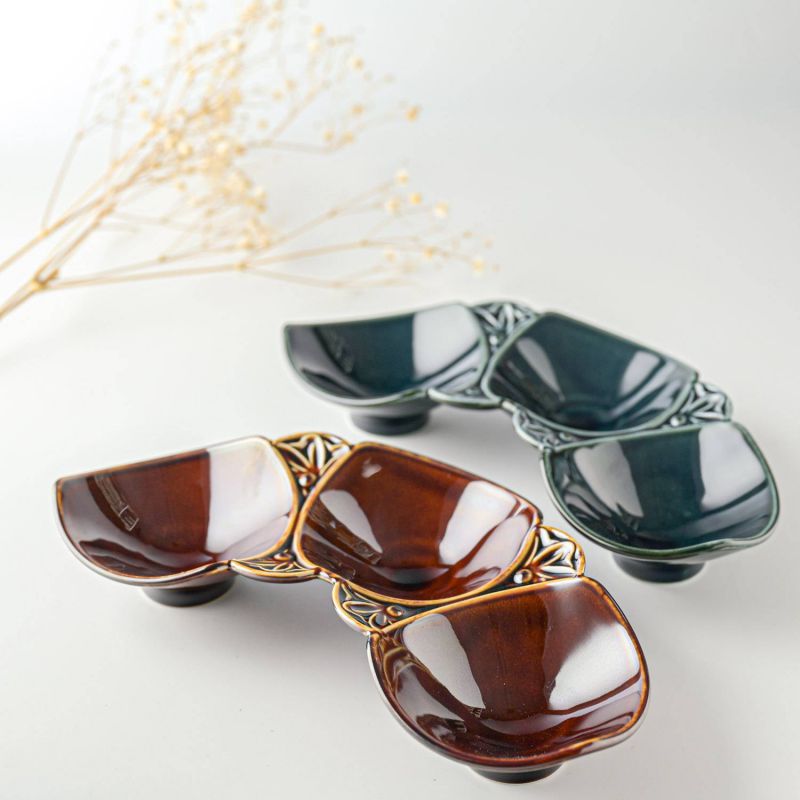 【箱入り2色セット】asumi 21cm三連花皿 アメ色・ネイビー[H55] 日本製 美濃焼 和食器 Re食器 SDGs リサイクル サステナブル
