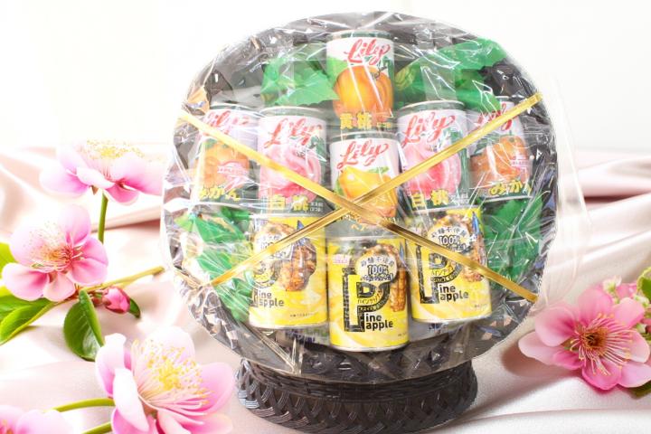 缶詰め盛りかご缶詰めかご盛りお供え　御供　法事　ご霊前　法要　お葬式　通夜盆　お供え【楽ギフ_包装選択】【楽ギフ_のし宛書】水果 fruit【楽ギフ_メッセ入力】送料無料｜山城くだもの店 7,776円