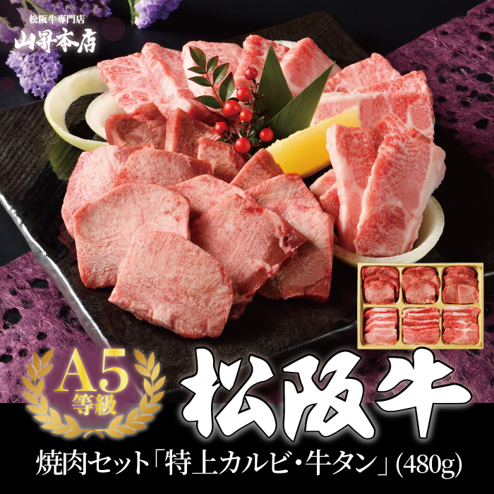 【ポイント10倍】松阪牛 焼肉セット 特上カルビ 牛タン 480g（2人前～3人前）ギフト 贈り物 人気 高級 A5等級 紙箱 焼肉 焼き肉 牛肉 人気メニュー 和牛 ギフト箱 山昇本店 内祝 御祝 お誕生日 出産 母の日 お中元 敬老の日 お歳暮 父の日 のし対応可