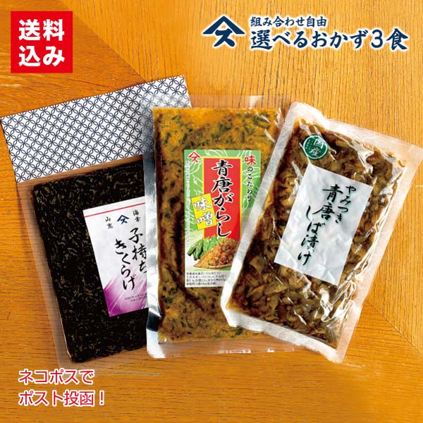 選べるおかず3食セット 送料込みご飯のお供 青唐辛子 味噌 みそ 漬物 おつまみ おにぎり 送料無料 少しのおかず ご飯あれば 喜ぶ 喜ばれる 高級ブランド