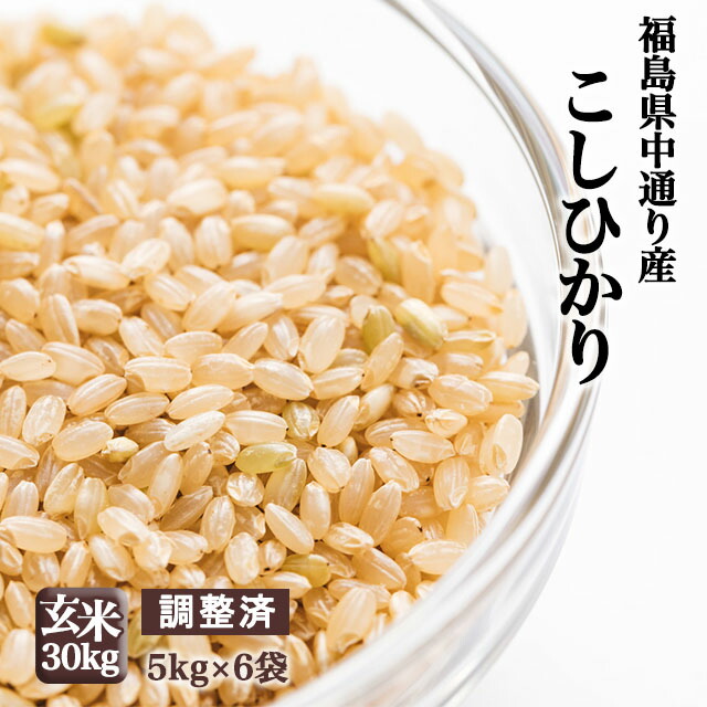 【調整済】福島県中通り産 コシヒカリ 玄米:30kg(5kg×6個) 令和7年産【精米、白米対応不可】【送料無料】※一部地域を除く ※沖縄県・離島配送不可