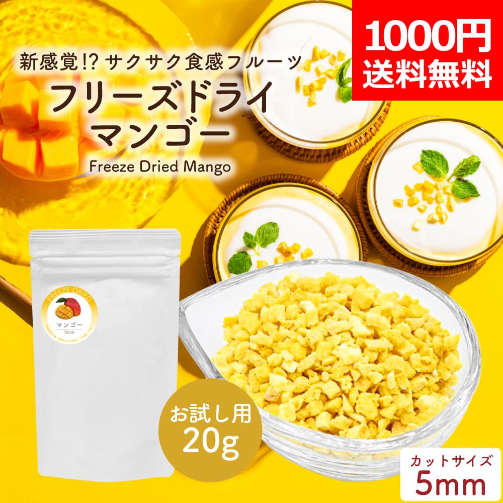 【1000円ポッキリ メール便送料無料】 フリーズドライマンゴー ダイスカット 粒サイズ:5mm 20g お試しサイズ 添加物不使用 砂糖不使用 フリーズドライフルーツ 果物 くだもの 製菓材料 お菓子作り 手作り トッピング ドライマンゴー 食品 おやつ 乾燥マンゴー 離乳食 非常食