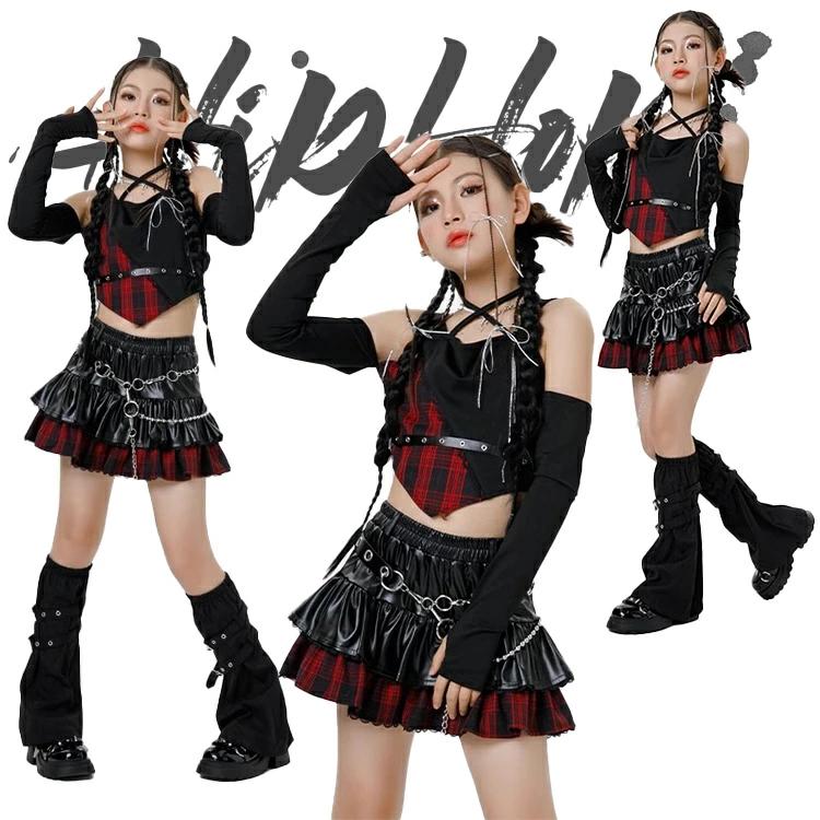 チェック柄 キッズ ダンス ダンス衣装 赤黒 女の子 ガールズ へそ出し レザー スカート レッグウォーマー ダンスウェア 発表会 応援団 イベント ジュニア カッコイイ 普段着 jazz K-POP オシャレ DANCE 120~170
