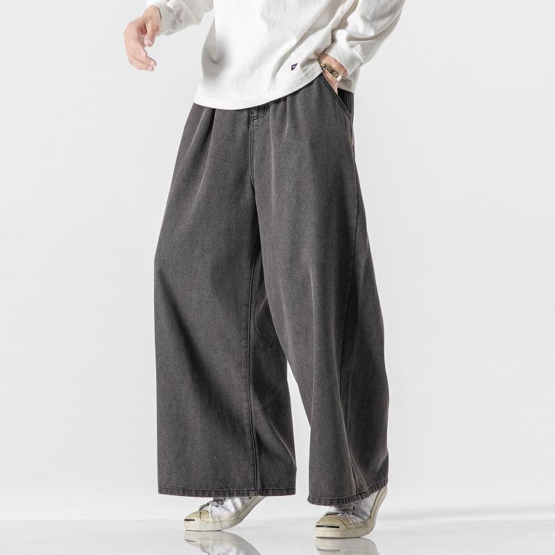 デニムパンツ メンズ ルーズフィット オーバーサイズ ワイド ダッド フルレングス 厚手 コットン 日系レトロ ウォッシュ加工 立体裁断 カジュアル 秋冬 ダークグレー