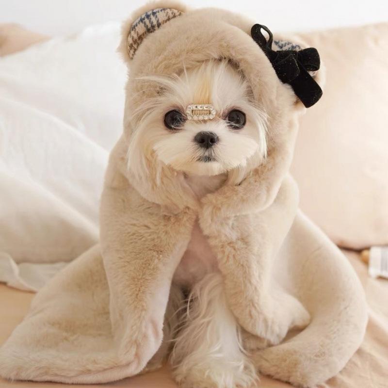 ペット 猫 小型犬 服 ドッグウェア ポンチョ ブランケット かわいい 小熊 秋冬 防寒 S M L