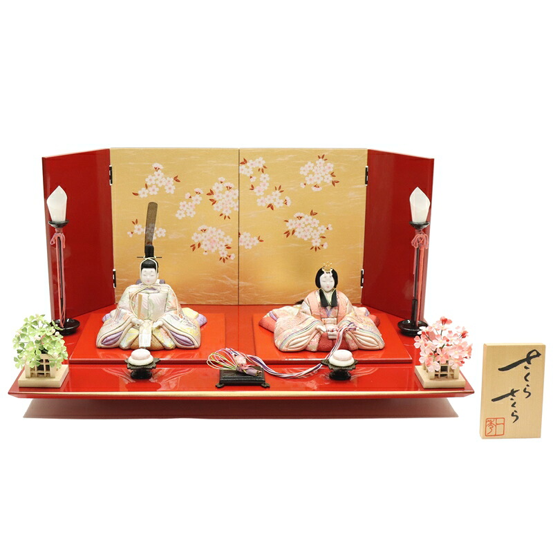 雛人形 木目込み雛 心音～ここね 一秀 木目込親王 さくらさくら 赤袖山桜屏風 2024-yg169 幅35cm 平飾 2人 ひな人形 お雛様 桃の節句 節句 お祝い インテリア
