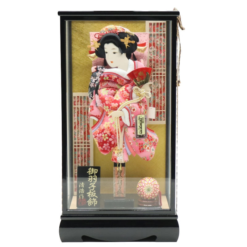 羽子板 ケース飾り 暁 15号 縮緬 高さ59cm 黒塗りケース (2024-ys149) ケース入り お正月飾り 初節句 お祝い