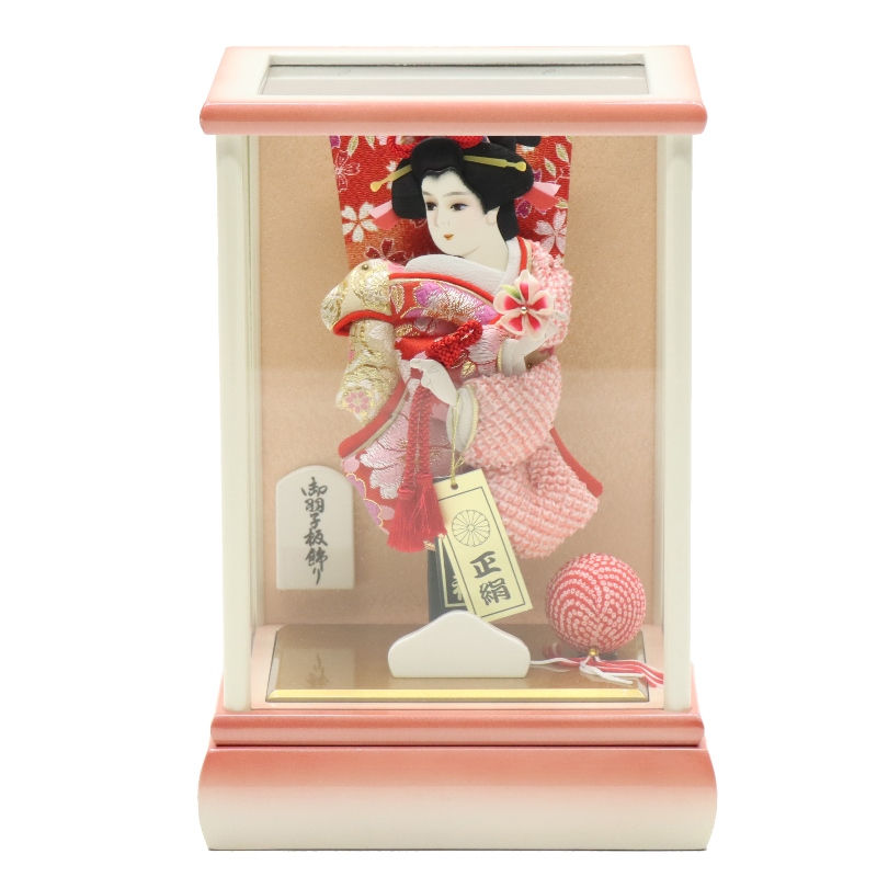 羽子板 ケース飾り 宴 7号 金襴 高さ29cm パール白木＆パールピンクケース (2024-ys177) ケース入り お正月飾り 初節句 お祝い