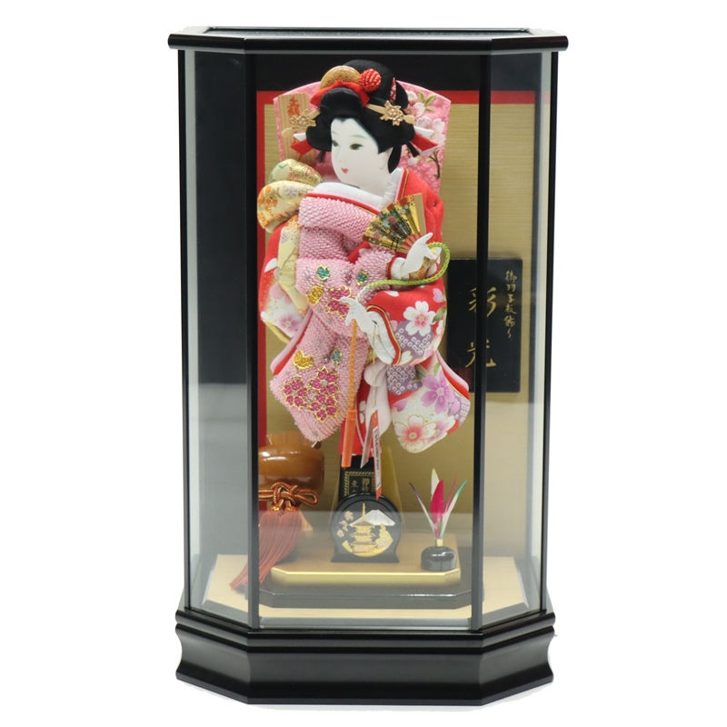 羽子板 ケース飾り 彩光 13号 絞り 高さ54cm 黒塗り六角ケース (2024-ys182) ケース入り お正月飾り 初節句 お祝い