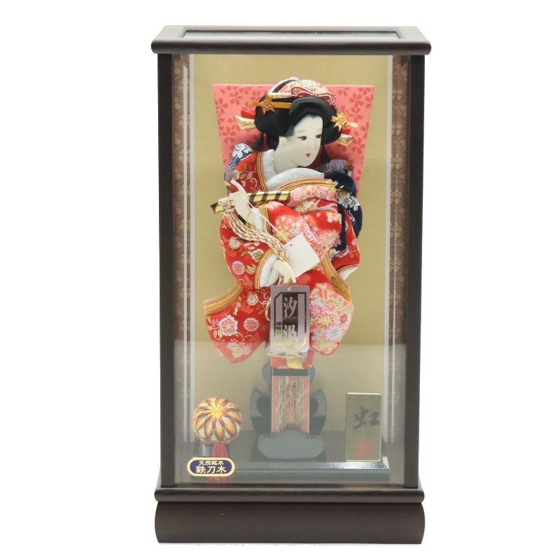 羽子板 ケース飾り 虹 10号 縮緬 高さ45cm 銘木 鉄刀木ケース (2024-ys203) ケース入り お正月飾り 初節句 お祝い