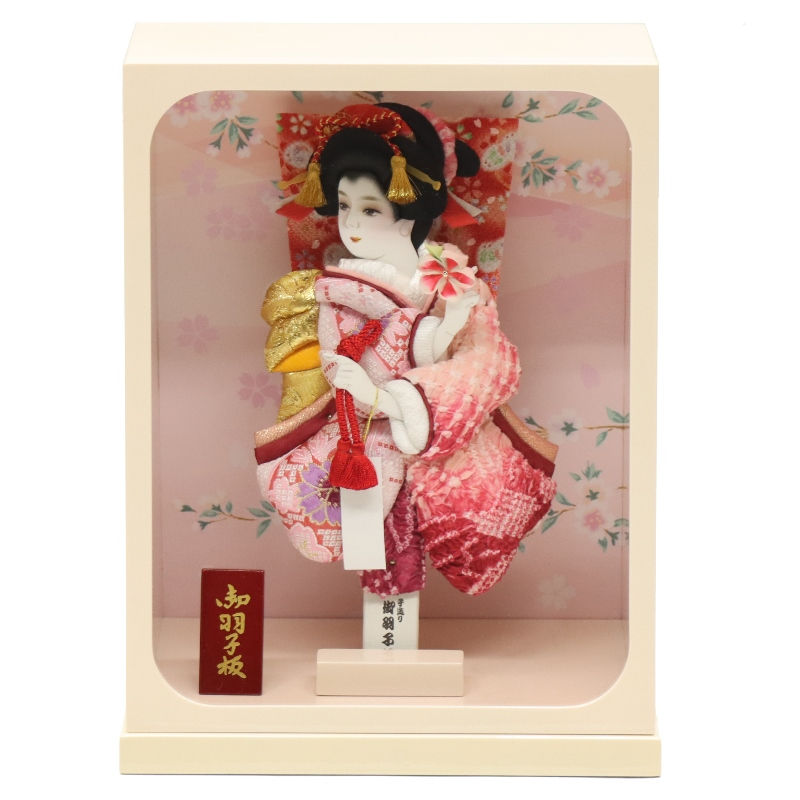 羽子板 ケース飾り 梓 8号 金襴 高さ34cm パール桃塗りケース (2024-ys210) ケース入り お正月飾り 初節句 お祝い