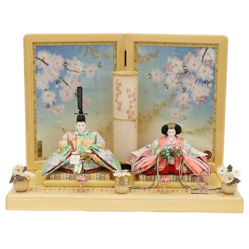雛人形 親王平飾り あんじゅ 小出松寿 京十一番 親王 スワロフスキー（グリーン×ピンク） 青い桜空押花屏風 2025-tg082 幅60cm 平飾り 2人 ひな人形 お雛様 桃の節句 節句 お祝い インテリア