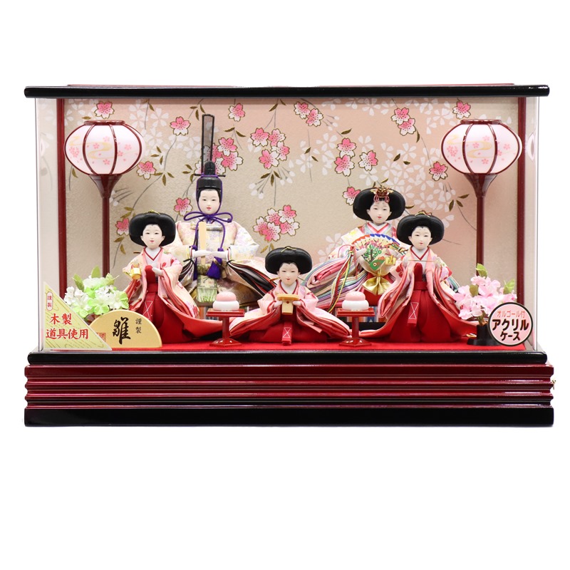 雛人形 五人ケース飾 いずみ 芥子 5人 幅53cm 金襴衣裳 アクリルケース 赤茶塗り ケース入り 雛祭り ひな人形 お雛様 桃の節句 節句 お祝い インテリア｜社人形会館店