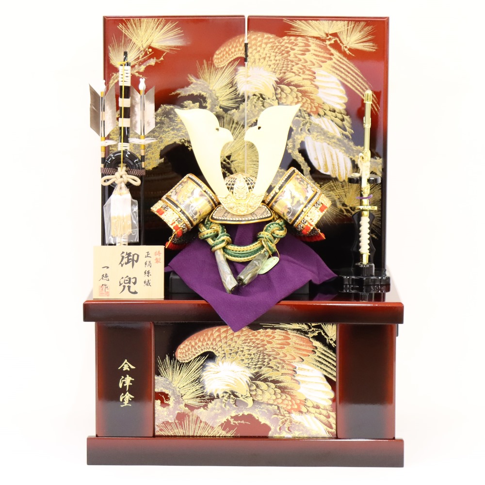 五月人形 兜収納飾 一徳 12号 金彩松鷹屏風 マルーンぼかし 幅45cm ゴールド 正絹縅 端午の節句 節句 お祝い インテリア｜社人形会館店
