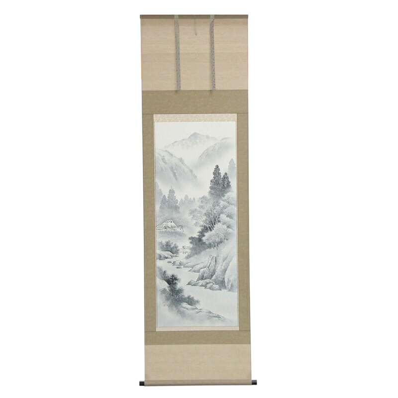 アウトレット品 掛軸山水画 尺五 水墨山水 (筆者：向井弘陽) 高さ189cm (22a-ya-2374) インテリア ディスプレイ 見切処分品｜社人形会館店