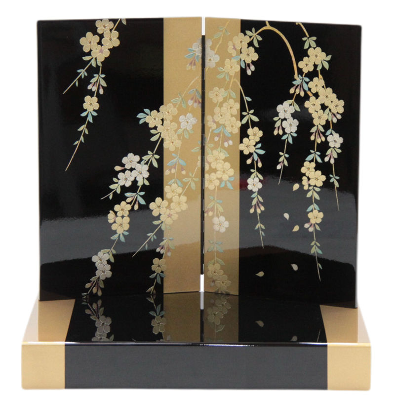 アウトレット品 雛人形平飾台 屏風・台セット 58cm 黒塗金色帯平台 50cm金彩しだれ桜屏風 幅59cm (22a-ya-3083) インテリア ディスプレイ 見切処分品