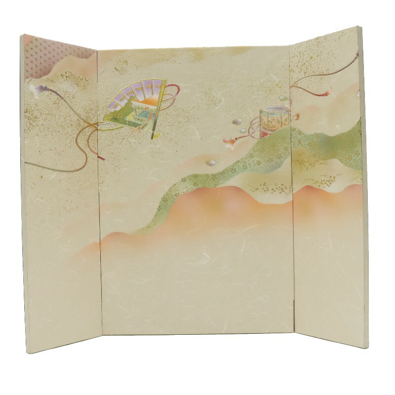 アウトレット品 屏風 屏風のみ 21号 三曲屏風 金彩 扇に貝桶 幅65～70cm (23a-ya-0207) インテリア ディスプレイ 見切処分品