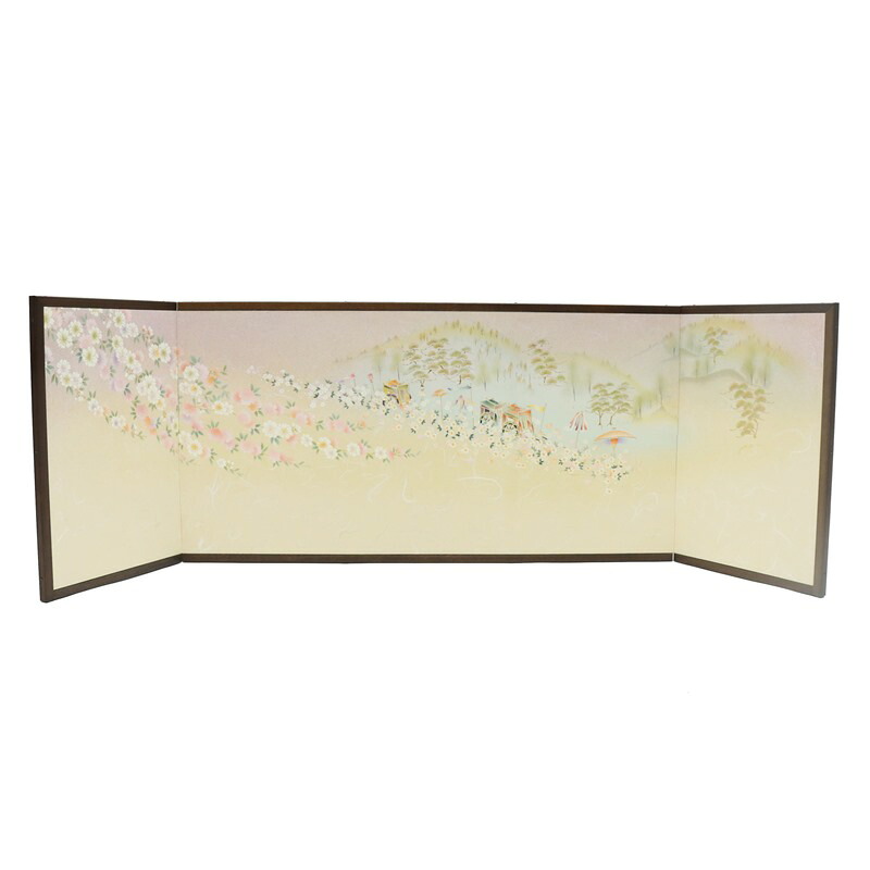 アウトレット品 屏風 屏風のみ 13号 三曲本仕立 クルミ塗 金彩 花見行列 幅100~105cm (23a-ya-0229) インテリア ディスプレイ 見切処分品