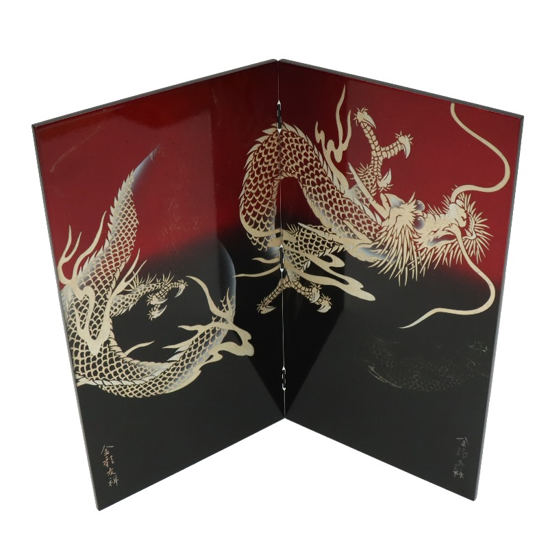 アウトレット品 屏風 屏風のみ 二曲屏風 54 赤ボカシ 龍 幅45～50cm (23a-ya-0278) インテリア ディスプレイ 見切処分品