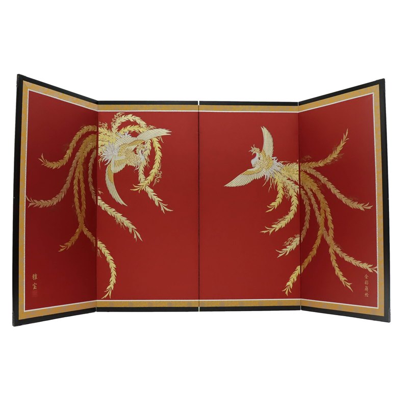 アウトレット品 屏風 屏風のみ 30号 四曲屏風 赤地 鳳凰 幅130～140cm (23a-ya-0357) インテリア ディスプレイ 見切処分品