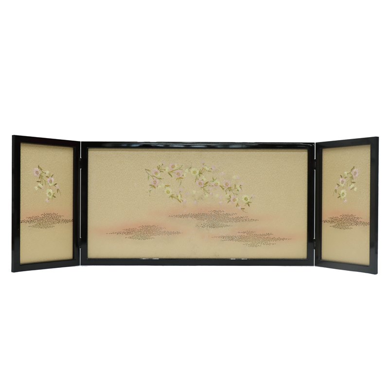 アウトレット品 屏風 屏風のみ 15号 三曲黒枠屏風 パール桜刺繍 幅115～120cm (23a-ya-0438) インテリア ディスプレイ 見切処分品
