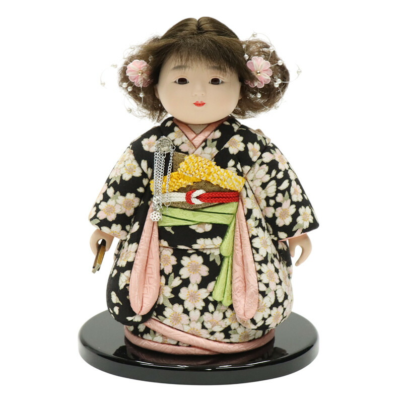 アウトレット品 雛人形 市松人形 小 木目込み人形 黒 パーマ 友禅 高さ23cm (25a-ya-0058) インテリア ディスプレイ 見切処分品