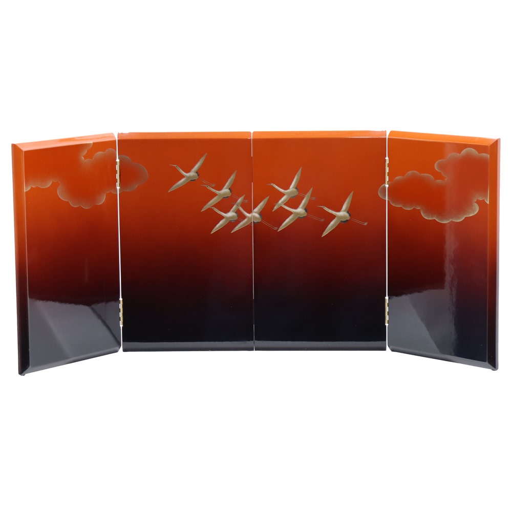 アウトレット品 屏風単品 四曲屏風 30cm 赤ボカシ 飛翔 レトロ アートスタンド 幅65cm (26a-ya-0827) インテリア ディスプレイ 見切処分品