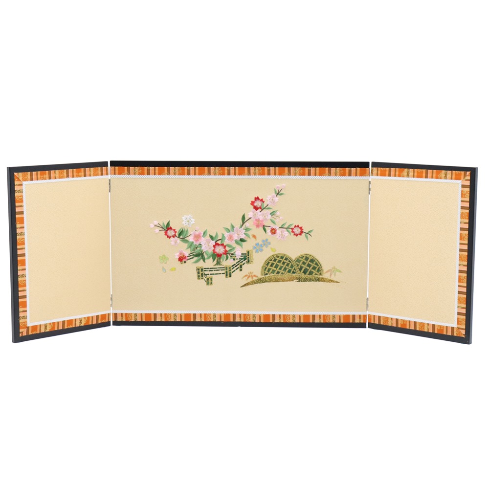 アウトレット品 屏風単品 三曲屏風 30cm ベージュ色 垣根に桜 レトロ アートスタンド 幅75cm (26a-ya-0850) インテリア ディスプレイ 見切処分品