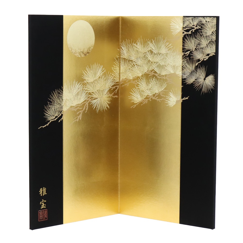 アウトレット品 屏風単品 二曲屏風 57cm 金黒 月に松と梅 レトロ アートスタンド 幅60cm (26a-ya-0870) インテリア ディスプレイ 見切処分品