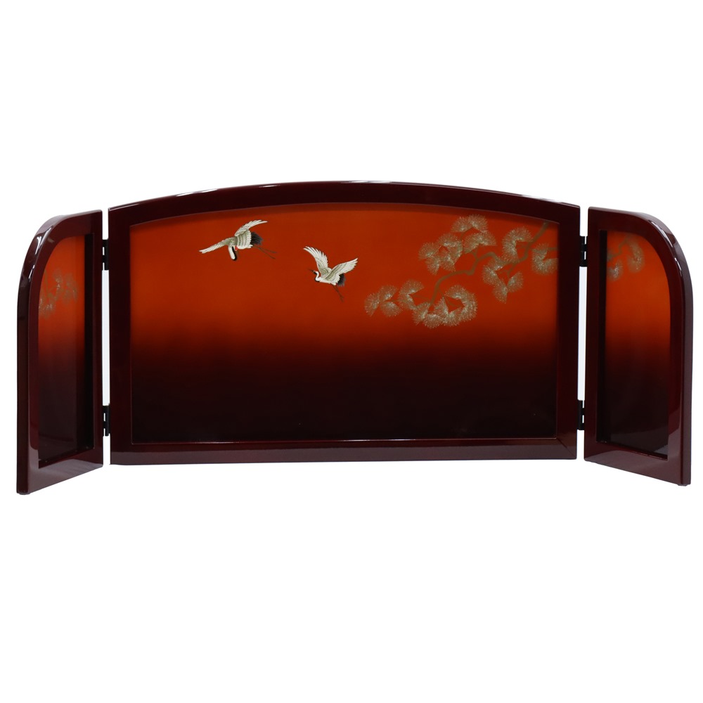 アウトレット品 屏風単品 三曲屏風 33cm 赤茶色枠 松鶴 レトロ アートスタンド 幅80cm (26a-ya-0875) インテリア ディスプレイ 見切処分品