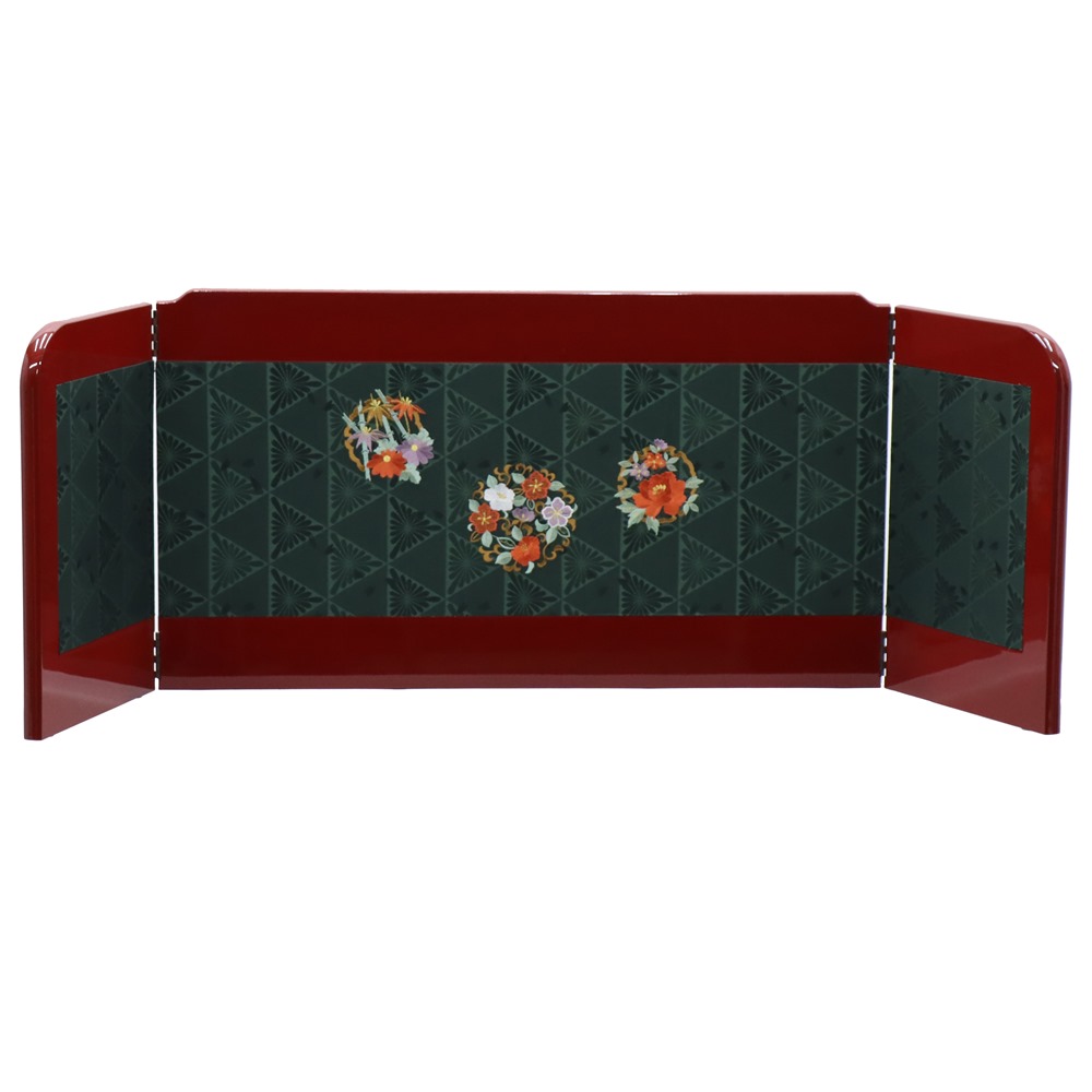 アウトレット品 屏風単品 三曲屏風 11号 赤塗り 刺繍花紋 レトロ アートスタンド 幅90cm (26a-ya-0883) インテリア ディスプレイ 見切処分品