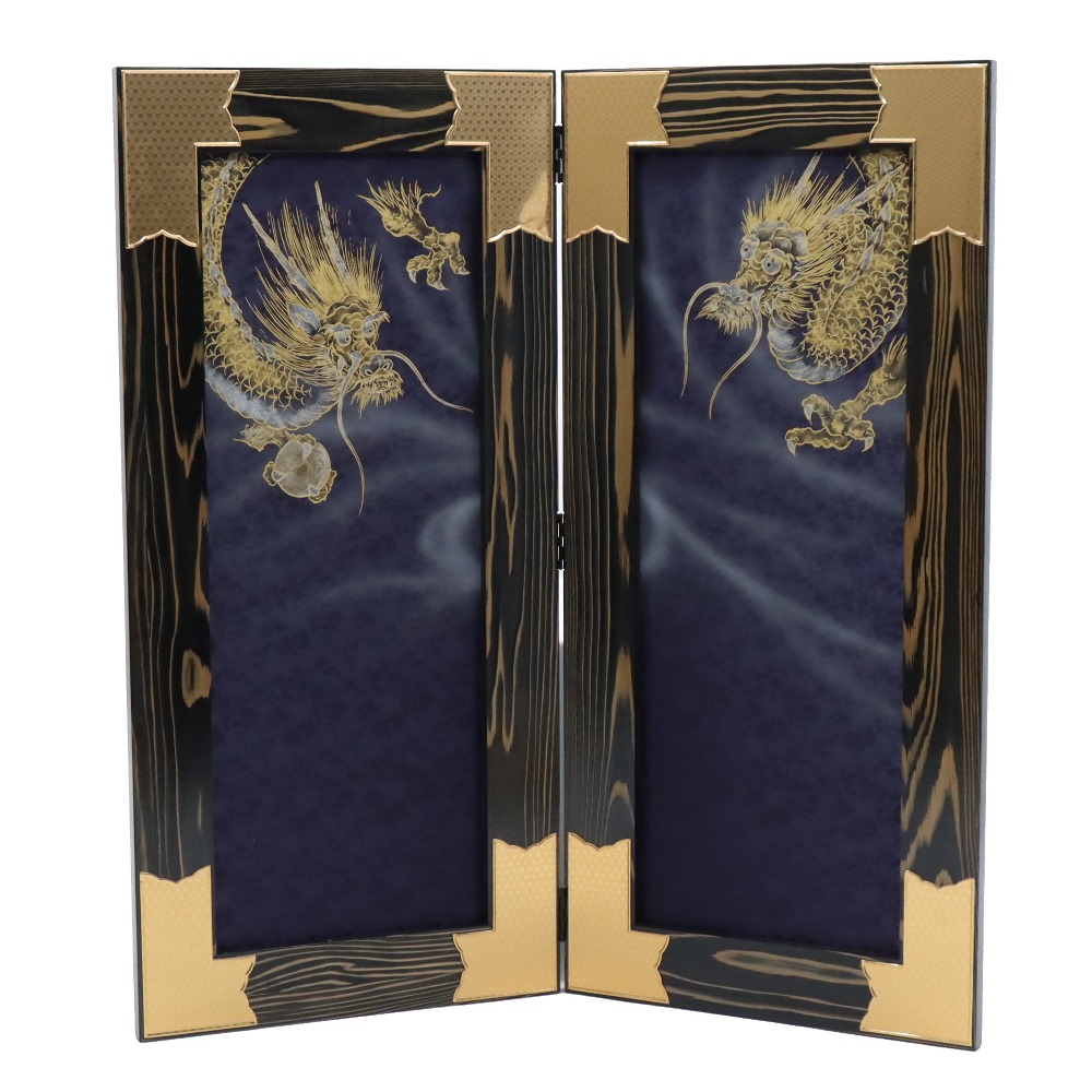 アウトレット品 屏風単品 二曲屏風 35号 パープル 手描き龍 レトロ アートスタンド 幅85cm (26a-ya-0922) インテリア ディスプレイ 見切処分品