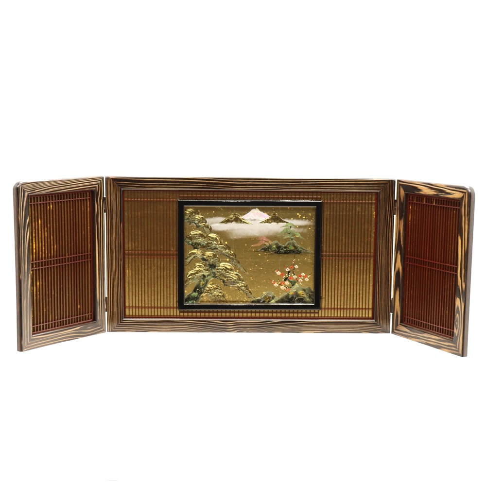 アウトレット品 屏風単品 三曲屏風 15号 ゴールド 茶格子・松梅 レトロ アートスタンド 幅120cm (26a-ya-0946) インテリア ディスプレイ 見切処分品