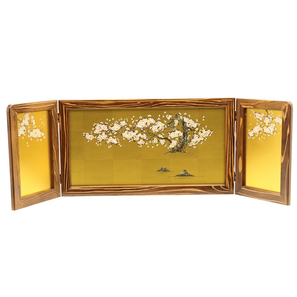 アウトレット品 屏風単品 三曲屏風 15号 ゴールド 箔桜 レトロ アートスタンド 幅0cm (26a-ya-0957) インテリア ディスプレイ 見切処分品
