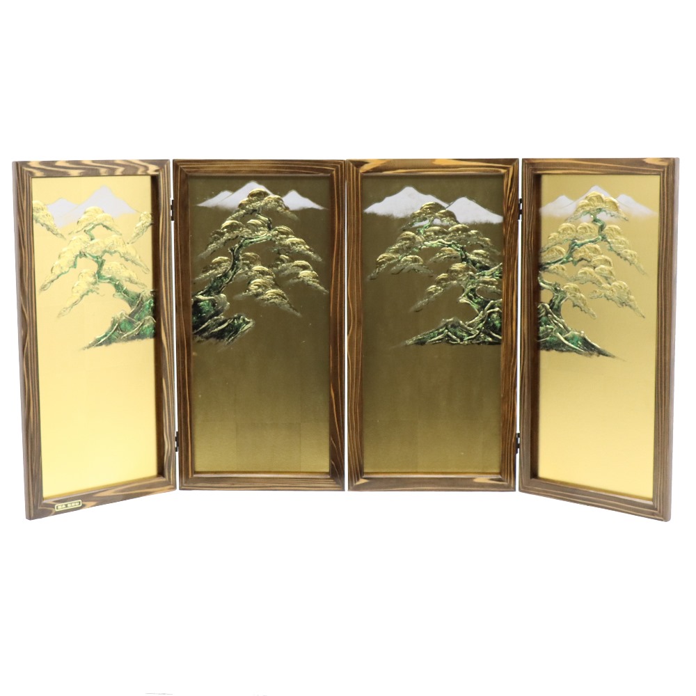 アウトレット品 屏風単品 二曲一双屏風 23号 ゴールド 盛上松 レトロ アートスタンド 幅35cm (26a-ya-0993) インテリア ディスプレイ 見切処分品